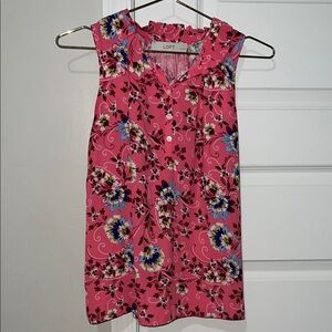 Ann Taylor LOFT Vibrant Pink Floral Blouse Shell with Ruffle Collar